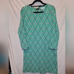 Crown & Ivy Green White Geometric Lattice Shift Dress 3/4 Sleeve Bow Tie Neck XL